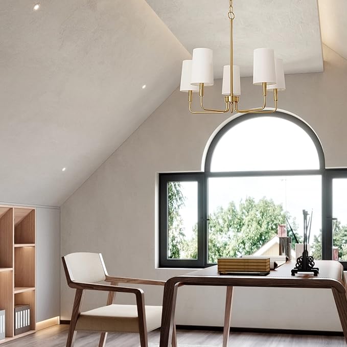 Chandelier, Brushed Brass with White Fabric Shade, Farmhouse Linear Island Lighting Fixture for Kitchen, Dining Room (5-Light Brass Gold with Fabric Shades)