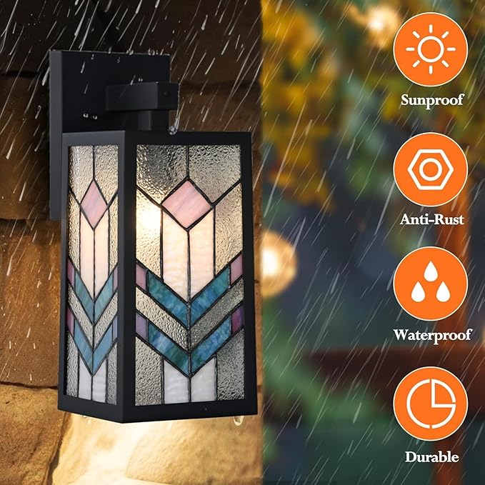 WL0012 Tiffany Style Outdoor Light Fixutres Stained Glass Wall Sconce Exterior Waterproof Wall Lantern Light for Balcony Aisle Hallway W 7X D 6.5 x H 13.5 Inches, Bulb Included (Prismara)