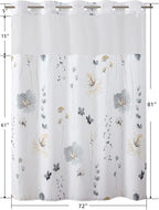 QiyI Flower Shower Curtain with Snap in Fabric Liner, Grey Watercolor Floral Cloth Bath Curtains, No Hook Shower Curtains with Mesh Top Window, Fabric Waterproof Bathroom Curtain Set, 72 x 81 Inch