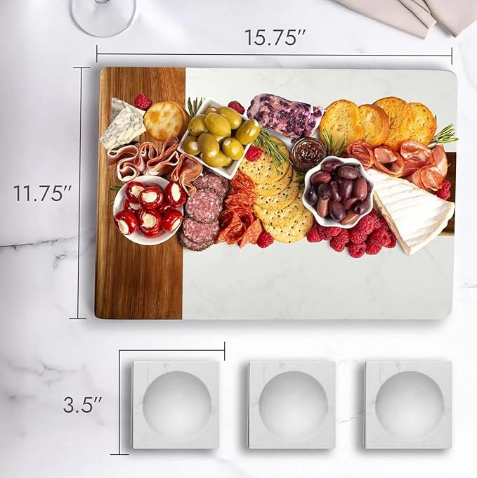 HomeWetBar Personalized Charcuterie Board Gift Set | Custom 15.75" x 11.75" White Marble & Acacia Wood Cheese Board with Serving Bowls | Perfect Housewarming + Wedding + Couples Gift Idea