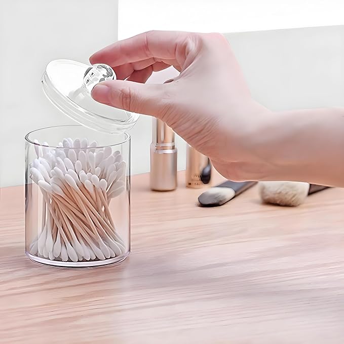 AXX Qtip Dispenser Apothecary Jars Bathroom - Qtip Holder Storage Canister Clear Plastic Jar for Cotton Swab,Q-Tips,Cotton Rounds (D#Clear 3Pcs)