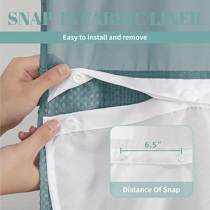 SeawedGreen Extra Long No Hook Waffle Weave Shower Curtain with snap-in Liner Replacement, 230GSM Waterproof Fabric Hotel Shower Curtain Set for Bathroom, Through Mesh Top Window,71Wx86H