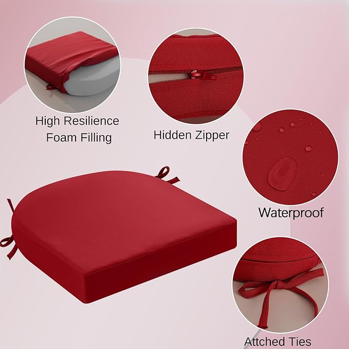 idee-home Outdoor Chair Cushions Set of 4, Thick 17" x 17" x 3" Patio Chair Cushions for Outdoor Furniture Waterproof with Ties, Seat Cushion, Patio Chair Pads Dining Chair Red
