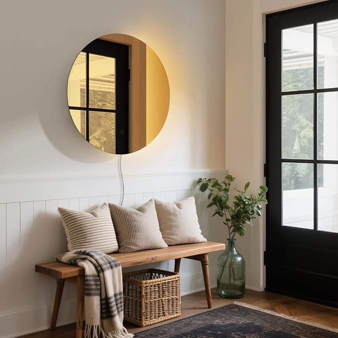 ONEWISH LED Wall Sconce, Dimmable Mirror Wall Lamp,16.93 inch Round Wall Lights for Bedroom with Memory Function, Wall Lamps for Living Room Entryway, Bronze