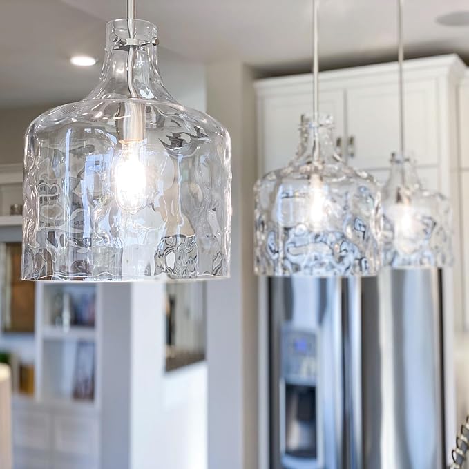 Extra Large 16" Vintage Farmhouse Pendant Light – Hand-Blown Clear Hammered Glass Shade, Adjustable Chain Hanging Light for Kitchen Island, Hallway, Dining Room, Chrome