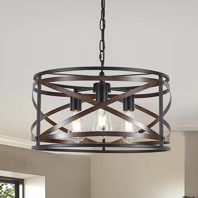 Black Farmhouse Chandeliers for Dining Room, 3-Light 18.5" Drum Chandelier Rustic Wood and Black Metal Hanging Light Fixture for Entryway Kitchen Foyer Bedroom