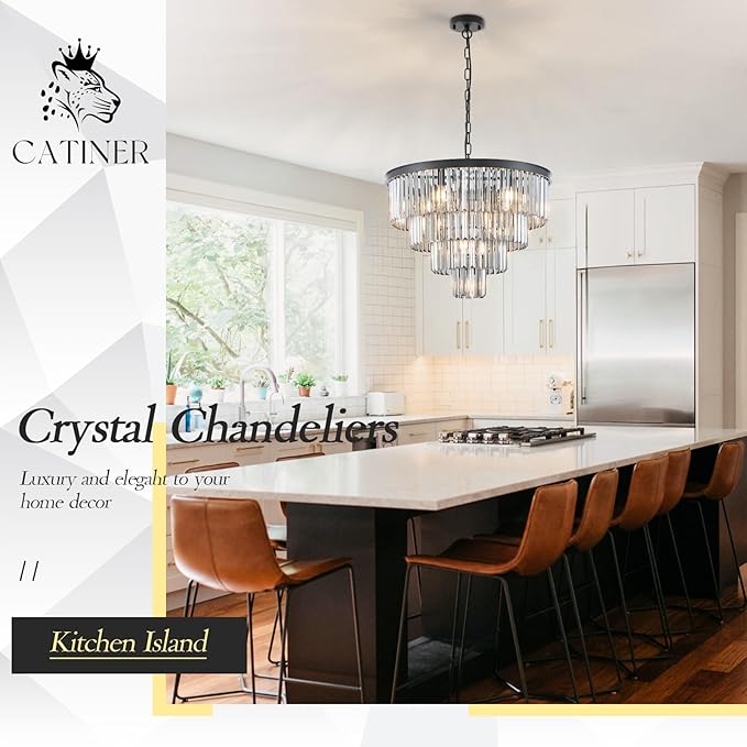 24”Modern Black Crystal Chandeliers Ceiling Round Smoke Gray Crystal Chandelier Luxury 4-Tier 12 Lights Pendant Light Fixture Contemporary for Dining Room Foyer Staircase Living Room