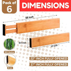 6 pcs Bamboo Kitchen Drawer Dividers Large, Adjustable Drawer Organizers, Spring Loaded, Works in Kitchen, Dresser, Bathroom, Bedroom, Drawer, Desk divider