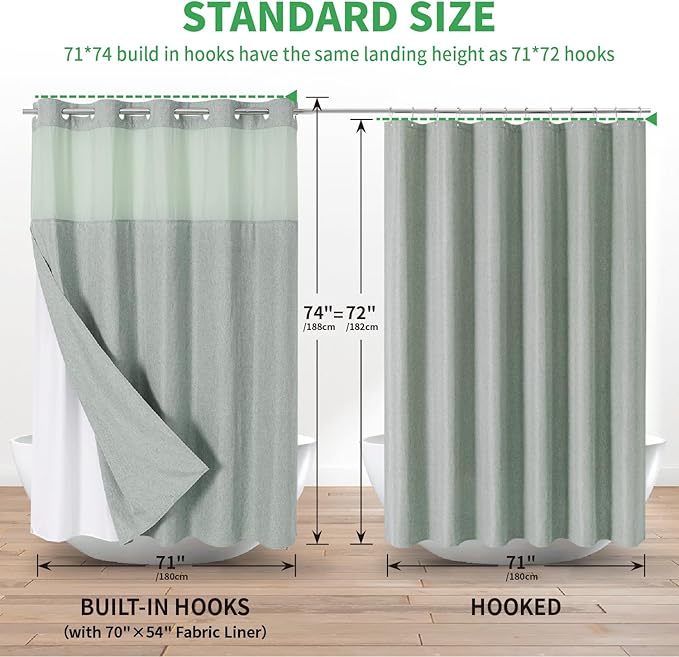 No Hooks Needed Linen Textured Shower Curtain with Snap-in Fabric Liner Set,Hotel Luxury Decor Shower Curtains for Bathroom with Mesh Top Window,Waterproof & Washable,71Wx74H,Sage Green