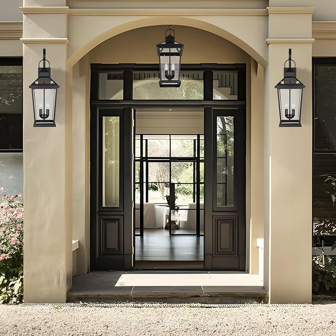JYZ Dusk to Dawn Outdoor Wall Sconce, 24 Inch Waterproof Exterior Wall Lantern with Textured Glass, 2-Light Anti-Rust Classic Porch Light for Front Door Garage Patio Yard JYOWL06-BK-L