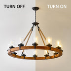 12-Light Wood Wagon Wheel Chandelier, 40-inch Round Vintage Hanging Light Fixtures with Seeded Glass Shade for Living Room Café Foyer E26