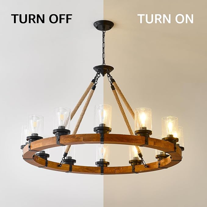 12-Light Wood Wagon Wheel Chandelier, 40-inch Round Vintage Hanging Light Fixtures with Seeded Glass Shade for Living Room Café Foyer E26