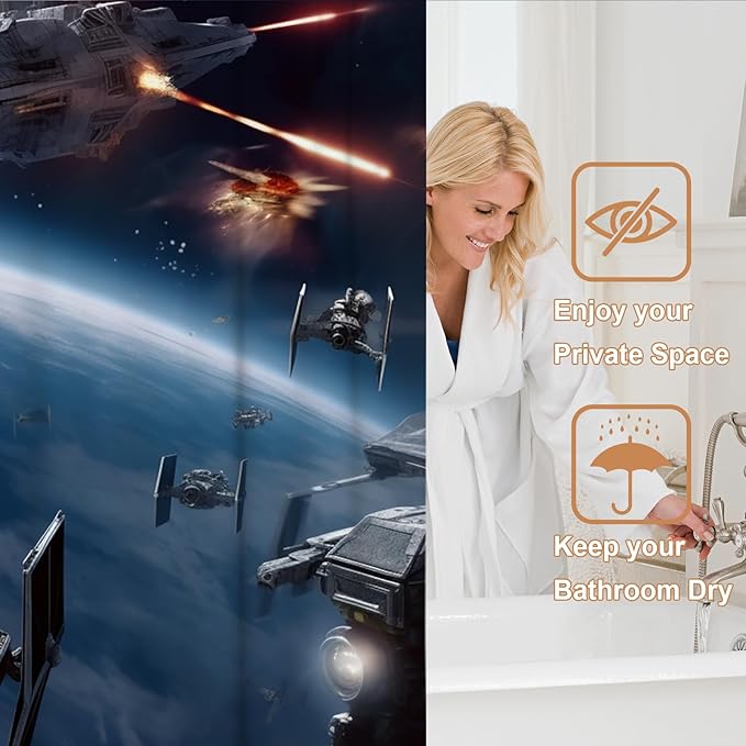 Universe War Cool Shower Curtain Bathroom Bathtubs Funny Planet Science Fiction Movie Theme Fabric Shower Curtain Set with 6 Hooks 36x72 inch Polyester Machine Washable, Blue Grey