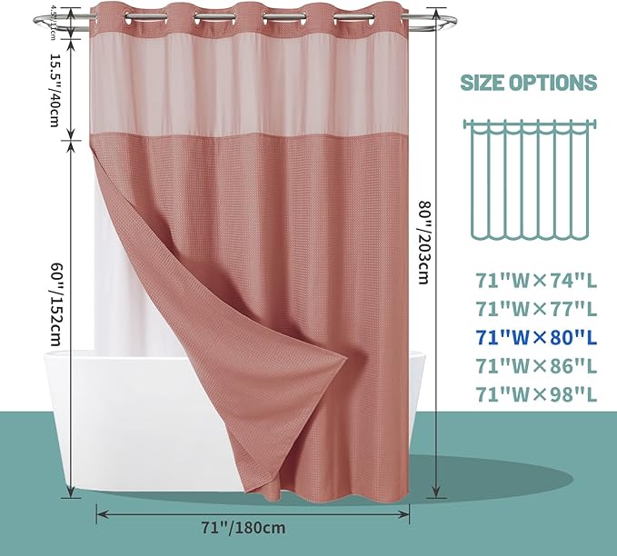 Coral No Hook Waffle Weave Shower Curtain with snap-in Liner Replacement, 230GSM Waterproof Fabric Hotel Shower Curtain Set for Bathroom, Through Mesh Top Window,71Wx80H