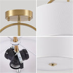 Gold Semi Flush Mount Ceiling Light Fixture 3-Light Drum Light Fixture with White Fabric Cover Shade 12.2" Modern Round Chandelier for Bedroom Foyer Hallway Living Room Kitchen Dining Room