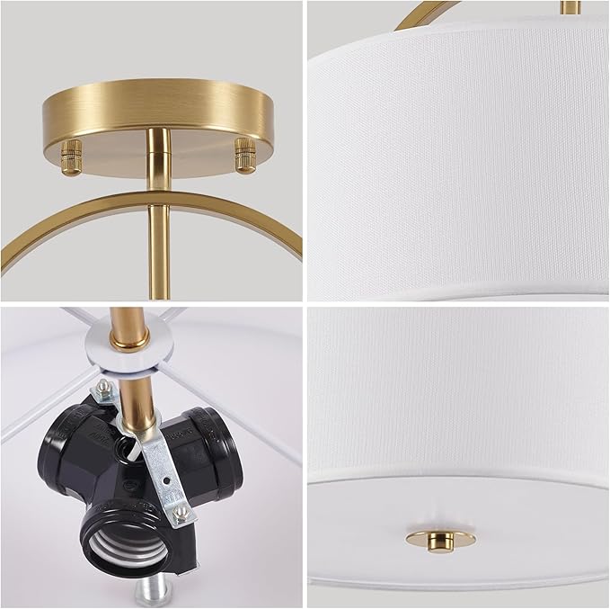 Gold Semi Flush Mount Ceiling Light Fixture 3-Light Drum Light Fixture with White Fabric Cover Shade 12.2" Modern Round Chandelier for Bedroom Foyer Hallway Living Room Kitchen Dining Room