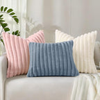 decorUhome Faux Fur Christmas Throw Pillow Covers 12x20 Set of 2, Decorative Soft Plush Striped Neutral Couch Euro Pillow Covers with Velvet Back for Sofa, Bed, Living Room Home Decor, Cream White