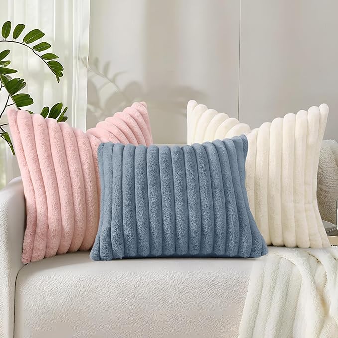 decorUhome Faux Fur Christmas Throw Pillow Covers 20x20 Set of 2, Decorative Soft Plush Striped Neutral Couch Euro Pillow Covers with Velvet Back for Sofa, Bed, Living Room Home Decor, Cream White