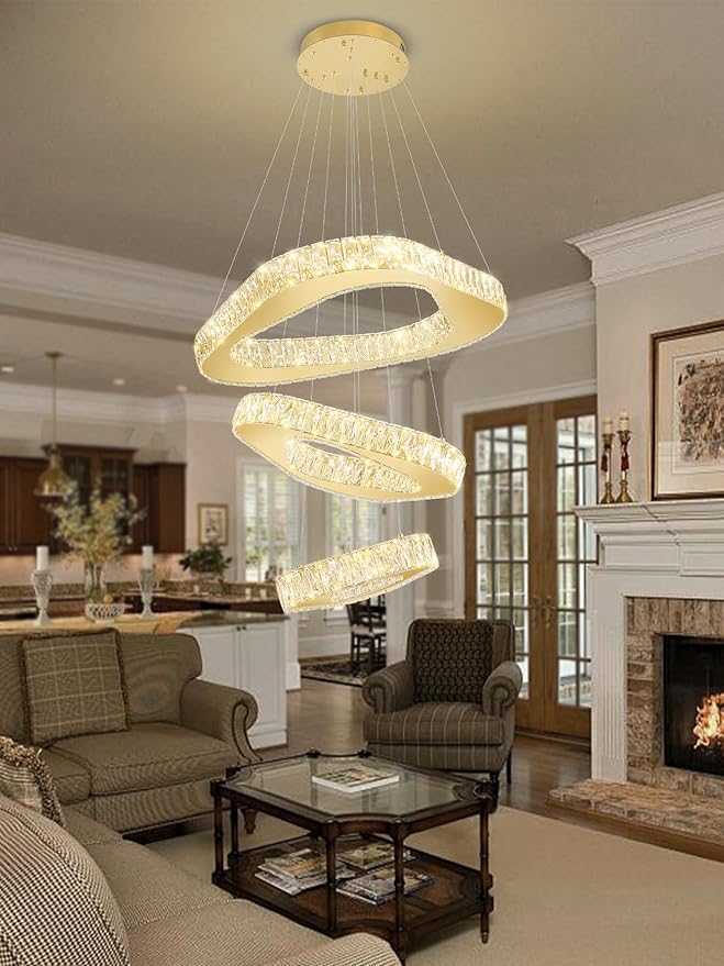 Modern Led Gold Chandelier Adjustable 3 Rings Crystal Chandelier for Living Room Foyer Stairwell Lighting High Ceiling Light Dimmable 2700K-6000K