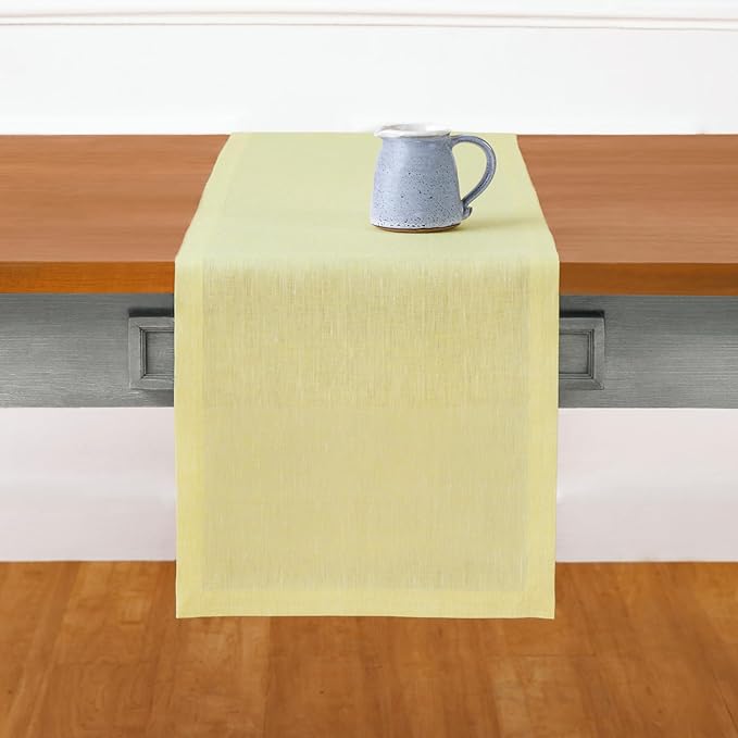 Solino Home Linen Small Table Runner 48 Inches - Athena, 100% Pure Linen Chambray Yellow Table Runner 14 x 48 Inch Ideal for Dresser and Coffee Tables