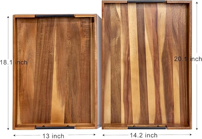 2PCS Large Wooden Ottoman Tray Rectangle Trays for Big Ottoman Counter Huge Kitchen Wood Serving Trays with Handles, Decorative Tray for Living Room Premium Acacia Wood Tray(20.1'' + 18.1'')