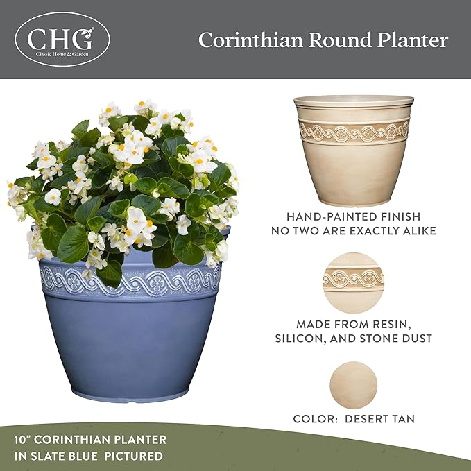 Classic Home and Garden Corinthian Resin Planter Pot - Outdoor & Indoor Plant Pot - Round Planter for Plants & Flowers (8" Desert Tan, Pack of 3)