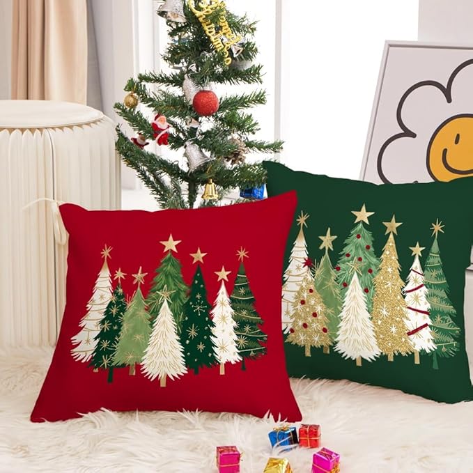AACORS Christmas Pillow Cover 16X16 Inch Watercolor Christmas Tree Stars Decoration Holiday Farmhouse Winter Pillow Case for Sofa Couch Decor（Red） AA231-16