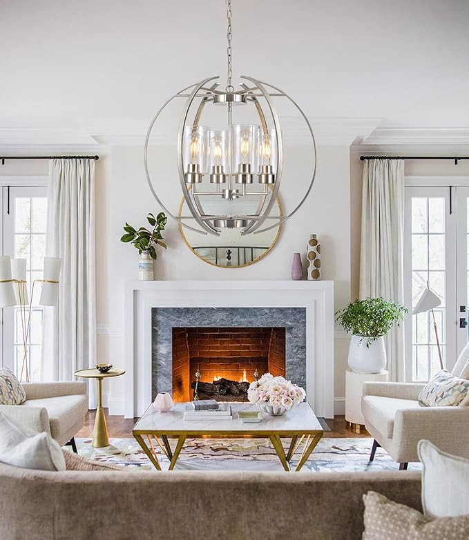 Brushed Nickel Chandelier Globe 24" Dining Room Lighting Fixtures Ceiling Hanging Pendant Lighting with Clear Glass Shades Modern Farmhouse Chandeliers for Foyer Bedroom Kitchen Living E26