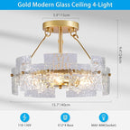 XINGQI Modern Gold Ceiling 4-Light Farmhouse Water Ripple Glass Ceiling Lighting Fixture 15.7" Drum Ceiling Lights for Bedroom Dining Room Living Room Hallway Entryway Closet
