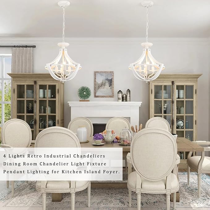 4-Lights French Country Chandelier Farmhouse Chandeliers Handmade Semi Flush Mount Ceiling Light Fixture Wood Pendant Light White Chandeliers for Entryway Foyer Hallway Kitchen Dining Room