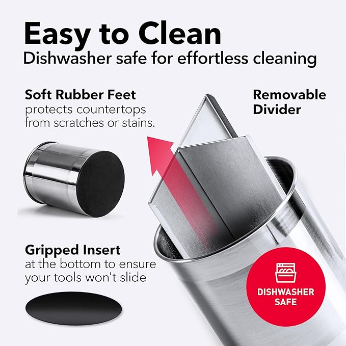 Cooler Kitchen Rotating Extra Large Stainless Steel Utensil Holder Caddy with Sturdy No-Tip Weighted Base, Removable Divider, and Gripped Insert Bottom -Dishwasher Safe Metal Cooking Utensil Holderâ