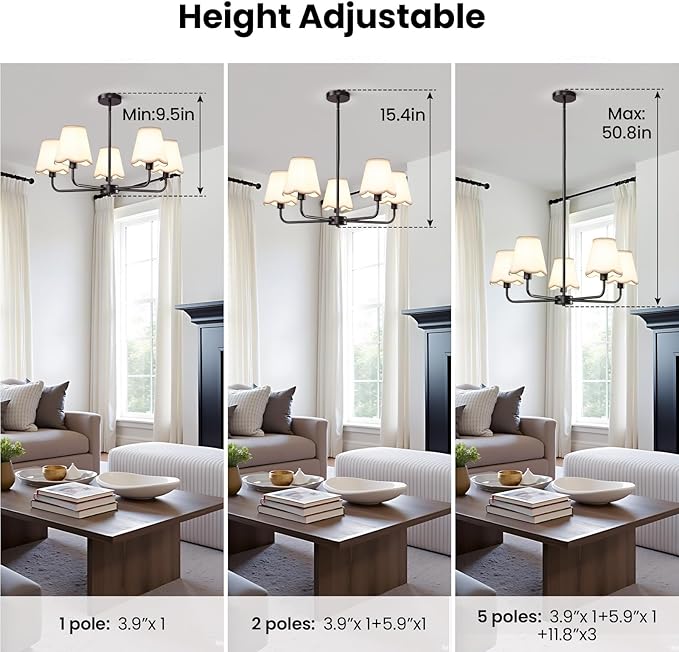 KAISITE Black Chandelier for Dining Room - 5-Light Farmhouse Dining Room Light Fixture Over Table Industrial Kitchen Lighting Fixture Ceiling Hanging Chandelier for Bedroom Living Room Foyer Entryway