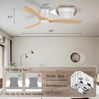 Smart 52” Wood Flush Mount Ceiling Fans with Lights and Remote,Quiet DC Motor,Outdoor Indoor Ultra Low Profile Ceiling Fan works with Alexa WIFI APP,Modern White Ceiling Fan for Bedroom Patio