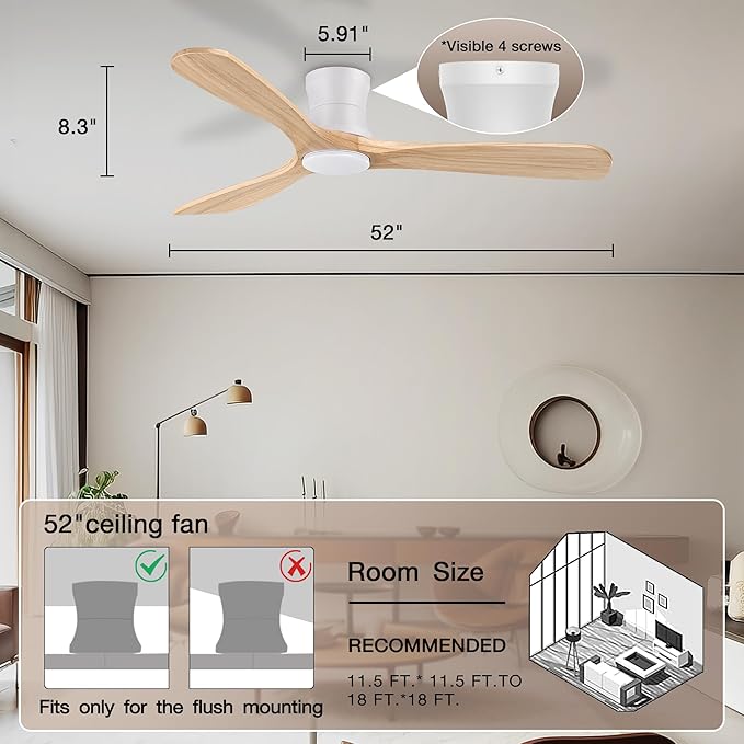 Smart 52” Wood Flush Mount Ceiling Fans with Lights and Remote,Quiet DC Motor,Outdoor Indoor Ultra Low Profile Ceiling Fan works with Alexa WIFI APP,Modern White Ceiling Fan for Bedroom Patio