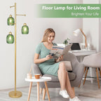 Gold Floor Lamps for Living Room, Boho Green Glass Flower Floor Lamp with 3 Led Bulb, Mid Century Modern 3 Light Brass Tall Lamps Farmhouse Standing Lamp Tree Floor Lamps for Bedroom,Office,Corner