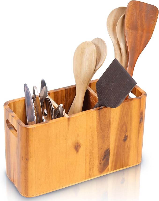Wooden Utensil Holder for Kitchen Counter, 3 Compartments, Rectangle & Handles, Spatula Spoon Cooking Gadgets Tools Organizer, Large Utensil Crock