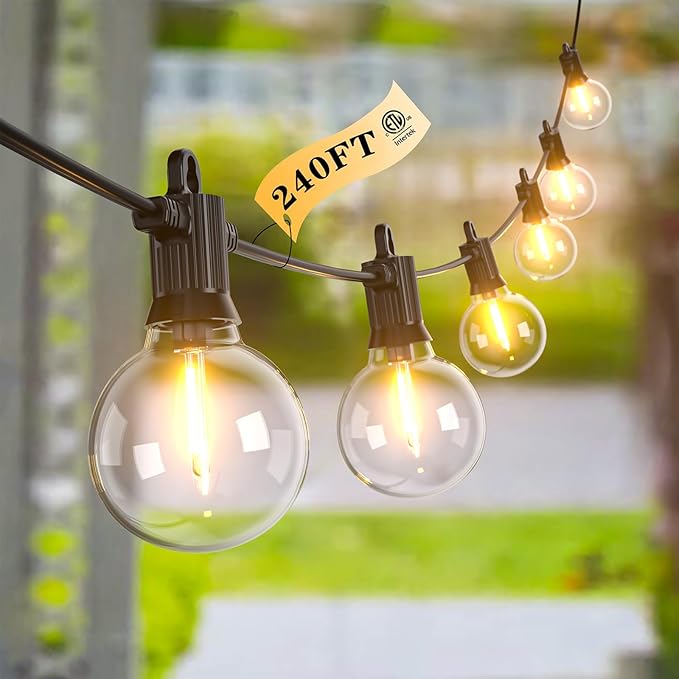 Kawaya 240FT Outdoor Lights String LED Patio Light Waterproof Dimmable G40 Globe String Lighting for Outside with 120+4 Blubs Shatterproof Hanging Lights for Porch Bistro Backyard Gazebo Balcony Cafe
