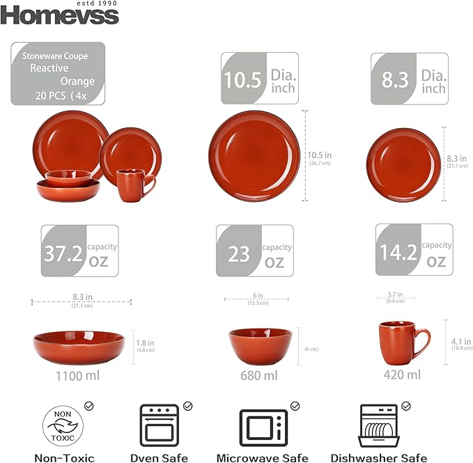 Eur-Nordic Shape Raising Rim 20pc Dinnerware Set, Shiny Glaze Orange with Speckle Effect