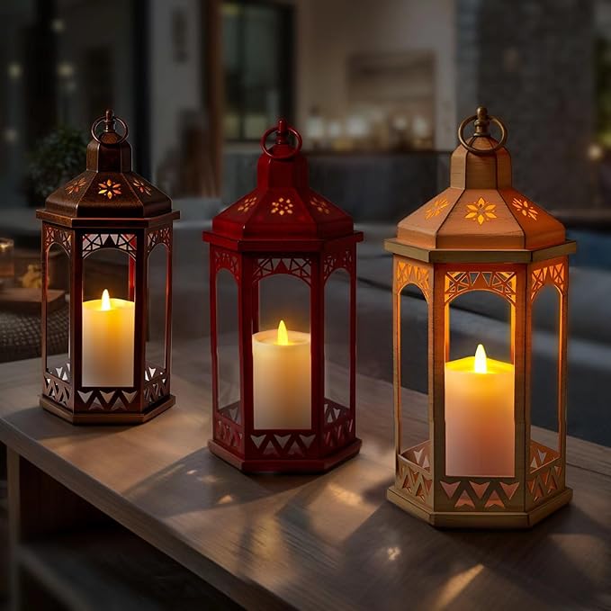LED Hexagon Lantern with Flameless LED Candle, Unique Shape and Pattern to Give an Upscale Garden Party Vibe. Suitable for Home & Outdoor Usage or Wedding.Battery Powered (Beige)