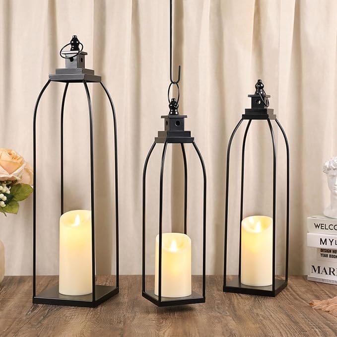 DARJEN 3 Pcs Black Metal Decorative Candle Lantern Set, 16'' 19'' 22'' Modern Lantern with 3 Flameless Candles for Indoor & Outdoor, Decorative Large Lanterns for Porch, Patio, Fireplace & Home Decor