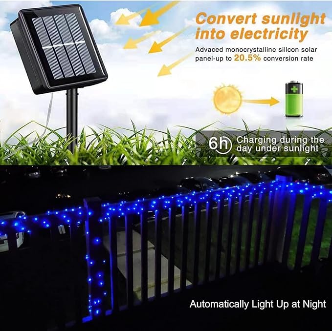 QITONG Blue Solar Fairy Lights, 4 Pack Each 33ft 100 LED String Lights Outdoor Waterproof, 8 Modes Silver Wire Twinkle Mini Lights