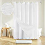 Inhousolu Boho Farmhouse Shower Curtain with Fabric Liner Set, Faux Linen Textured, 14 Metal Hooks Luxury Weighted Hem, Washable Wrinkle Free Bath Curtain for Hotel Bathroom 72" W x 72" L White