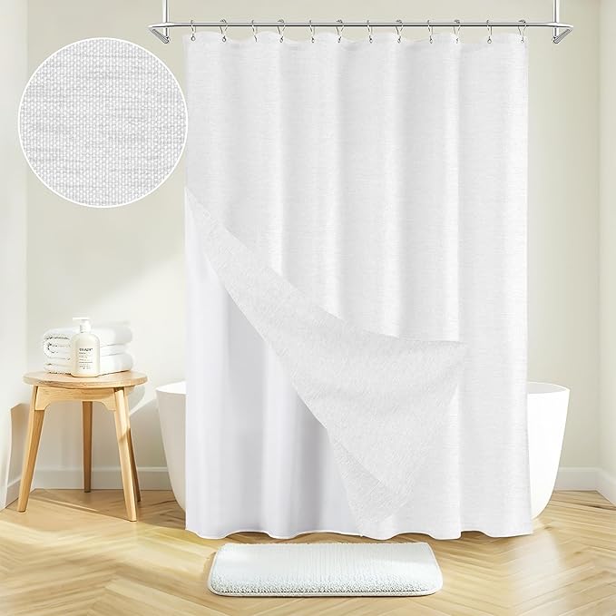 Inhousolu Boho Farmhouse Shower Curtain with Fabric Liner Set, Faux Linen Textured, 12 Metal Hooks Luxury Weighted Hem, Washable Wrinkle Free Bath Curtain for Hotel Bathroom 54" W x 78" L White