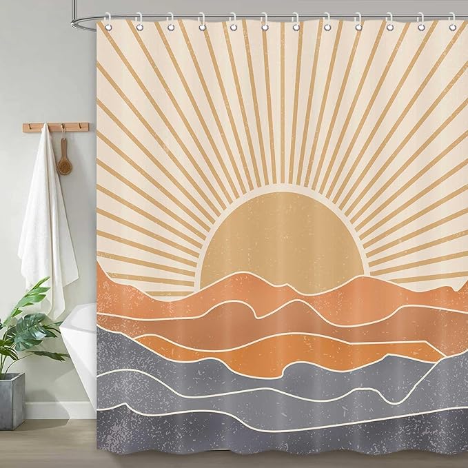 Boho Shower Curtains for Bathroom Abstract Sun Mountain Mid Century Minimalist Bathroom Shower Curtains Set Waterproof Polyester Fabric Rustic Vintage Decorative 72x72 Inch