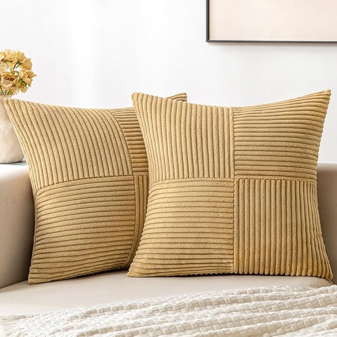MIULEE Khaki Corduroy Pillow Covers Pack of 2 Boho Decorative Spliced Throw Pillow Covers Soft Solid Couch Pillowcases Cross Patchwork Textured Cushion Covers for Living Room Bed Sofa 18x18 inch