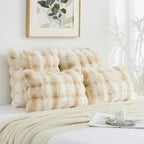 FUTEI Beige White Decorative Throw Pillow Covers 12x20 Inch Set of 2,Soft Fuzzy Faux Rabbit Fur Pillow Case with Raised Texture,Neutral Boho Home Decor for Couch Bed Living Room