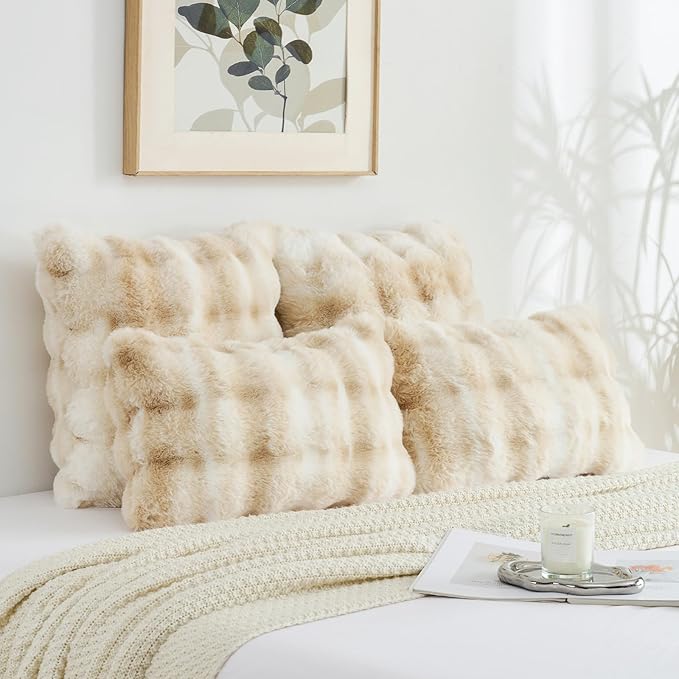 FUTEI Beige White Decorative Throw Pillow Covers 16x16 Inch Set of 2,Soft Fuzzy Faux Rabbit Fur Cushion Covers with Raised Texture,Neutral Boho Home Decor for Couch Bed Living Room