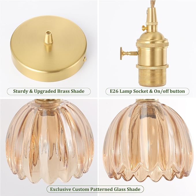 Mini Pendant Light with Amber Tulip Glass Lmapshade, Brass Vintage Pendant Light Adjustable Hanging Light for Kitchen Island Dining Room Hallway