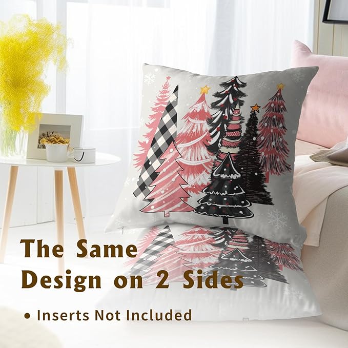 Christmas Tree Pillow Covers 18x18, Set of 2 Xmas Pine Trees Pink Black Plaid Snowflakes Winter Decorative Pillowcases Square Cushion Cover for Sofa Couch Bed Home Car