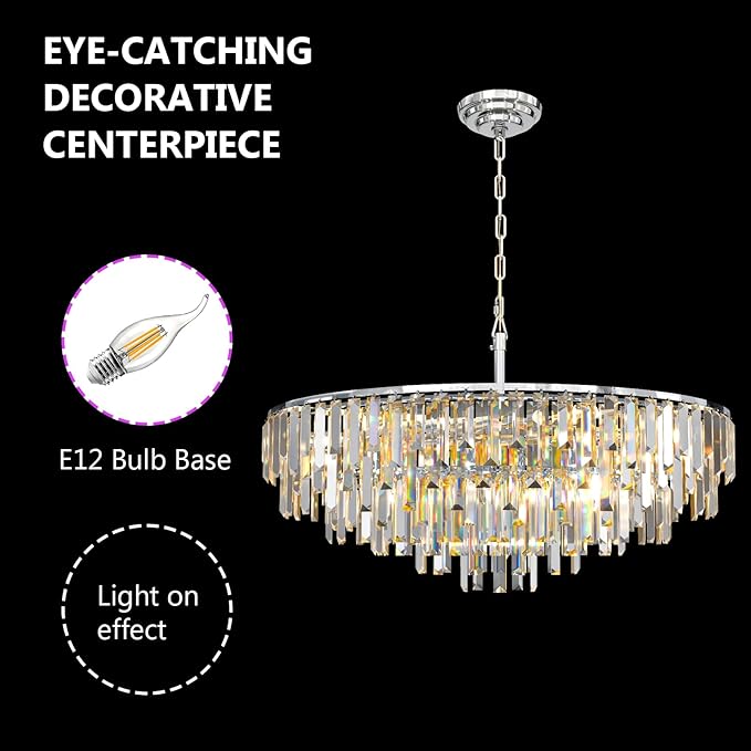 Modern Round Top K9 Crystal Chandelier, 13 Lights, Adjustable Hanging Lamp, Chrome, Living Room, Dining Room, W31, L6.6xW33xH33